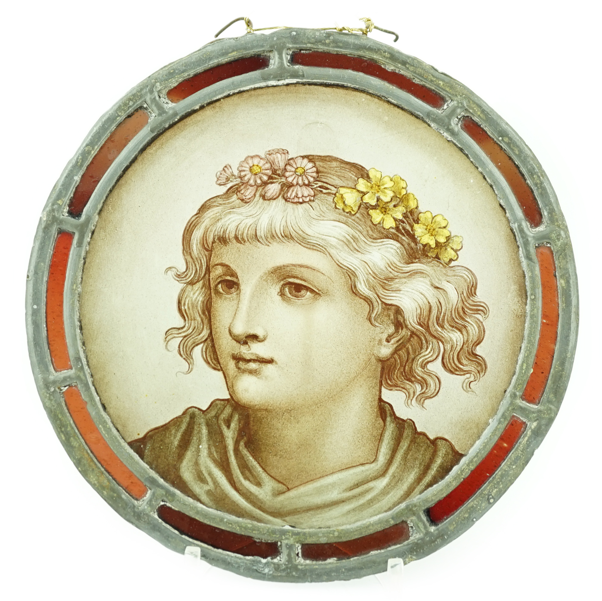 A Victorian stained glass roundel, overall 21.5cm
